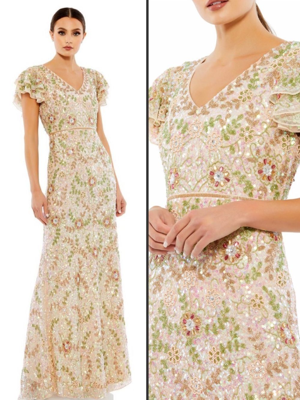 Womens Cream Pink Floral Embellished Ruffle Cap Sleeve  V Neck Gown Dress Size 4